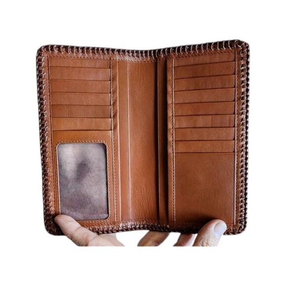 Western  Leather Bi-fold Rodeo Wallet Floral Tooled Ranger Cordovan Stitch Edge - Picture 3 of 9